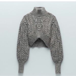NWT cropped grey wool blend cable knit sweater with mock neck size S